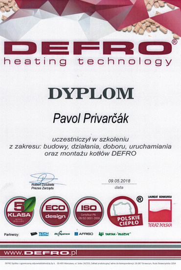 Certifikát Defro - výrobca kotlov